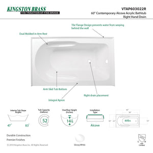 Aqua Eden VTAP603022R 60-Inch Acrylic Anti-Skid 3-Wall Alcove Tub with Right Hand Drain Hole, White