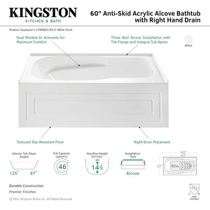 Aqua Eden VTAP6031R21C 60-Inch Anti-Skid Acrylic 3-Wall Alcove Tub with Right Hand Drain Hole, White