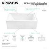 Aqua Eden VTAP6031R22T 60-Inch Anti-Skid Acrylic 3-Wall Alcove Tub with Right Hand Drain Hole, Glossy White