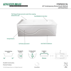 Aqua Eden VTAP603216L 60-Inch Acrylic Anti-Skid 3-Wall Alcove Tub with Left Hand Drain Hole, White
