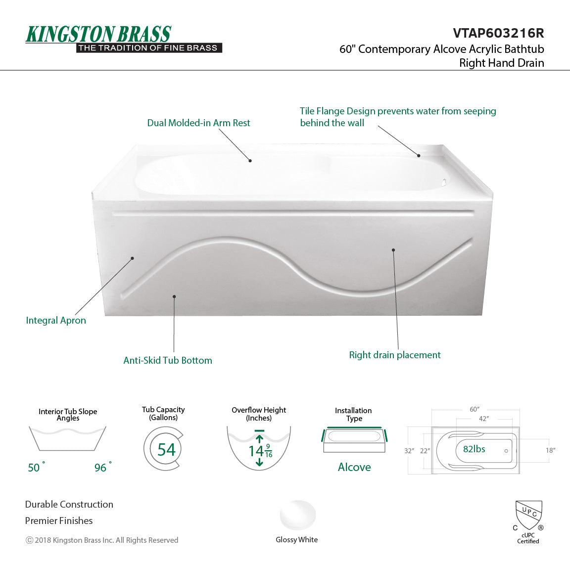 Aqua Eden VTAP603216R 60-Inch Acrylic Anti-Skid 3-Wall Alcove Tub with Right Hand Drain Hole, White