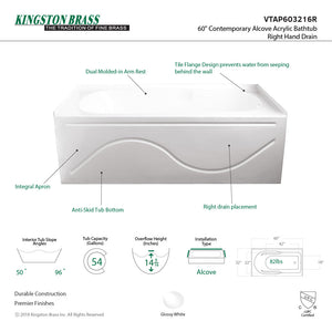 Aqua Eden VTAP603216R 60-Inch Acrylic Anti-Skid 3-Wall Alcove Tub with Right Hand Drain Hole, White