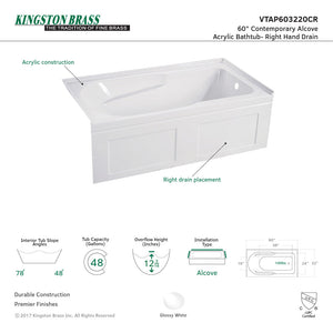 Aqua Eden VTAP603220CR 60-Inch Acrylic Anti-Skid 3-Wall Alcove Tub with Right Hand Drain Hole, White
