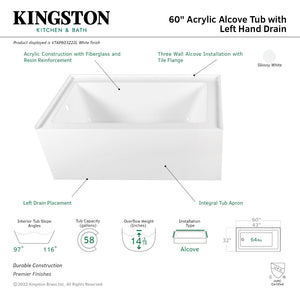 Aqua Eden VTAP603222L 60-Inch Acrylic 3-Wall Alcove Tub with Left Hand Drain Hole, White