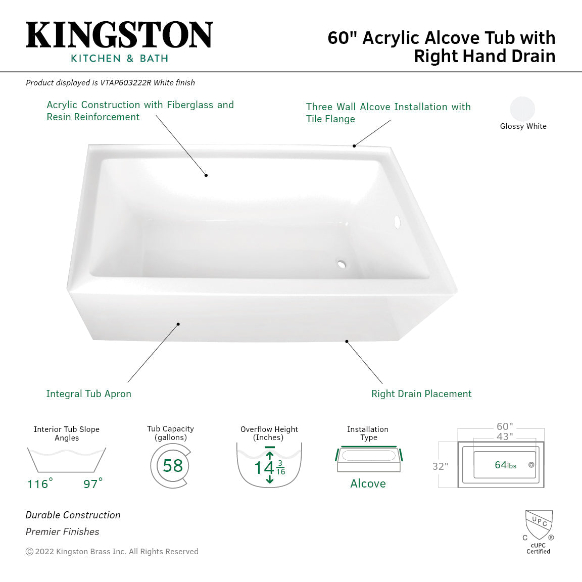 Aqua Eden VTAP603222R 60-Inch Acrylic 3-Wall Alcove Tub with Right Hand Drain Hole, White