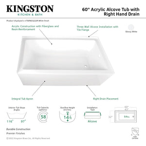 Aqua Eden VTAP603222R 60-Inch Acrylic 3-Wall Alcove Tub with Right Hand Drain Hole, White