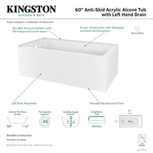 Aqua Eden VTAP6032L21TS 60-Inch Acrylic 2-Wall Corner Alcove Tub with Left Hand Drain Hole, White