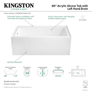 Aqua Eden VTAP6032L22 60-Inch Acrylic 3-Wall Alcove Tub with Left Hand Drain Hole, Glossy White