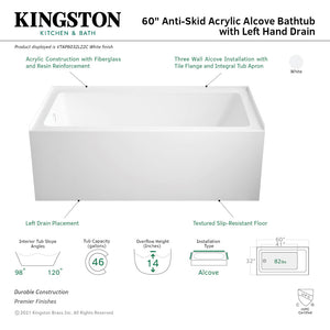 Aqua Eden VTAP6032L22C 60-Inch Anti-Skid Acrylic 3-Wall Alcove Tub with Left Hand Drain Hole, White