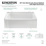 Aqua Eden VTAP6032R21A 60-Inch Anti-Skid Acrylic 3-Wall Alcove Tub with Right Hand Drain Hole, White