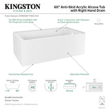 Aqua Eden VTAP6032R21TS 60-Inch Acrylic 2-Wall Corner Alcove Tub with Right Hand Drain Hole, White