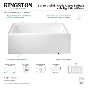 Aqua Eden VTAP6032R22C 60-Inch Anti-Skid Acrylic 3-Wall Alcove Tub with Right Hand Drain Hole, White