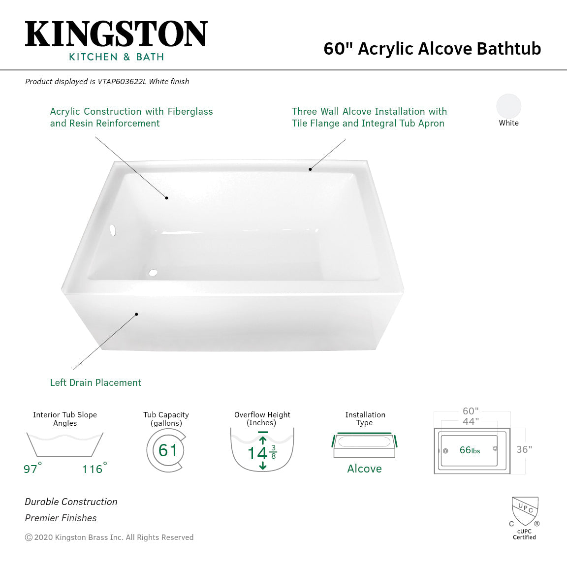Aqua Eden VTAP603622L 60-Inch Acrylic 3-Wall Alcove Tub with Left Hand Drain Hole, White