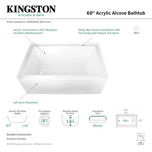 Aqua Eden VTAP603622L 60-Inch Acrylic 3-Wall Alcove Tub with Left Hand Drain Hole, White