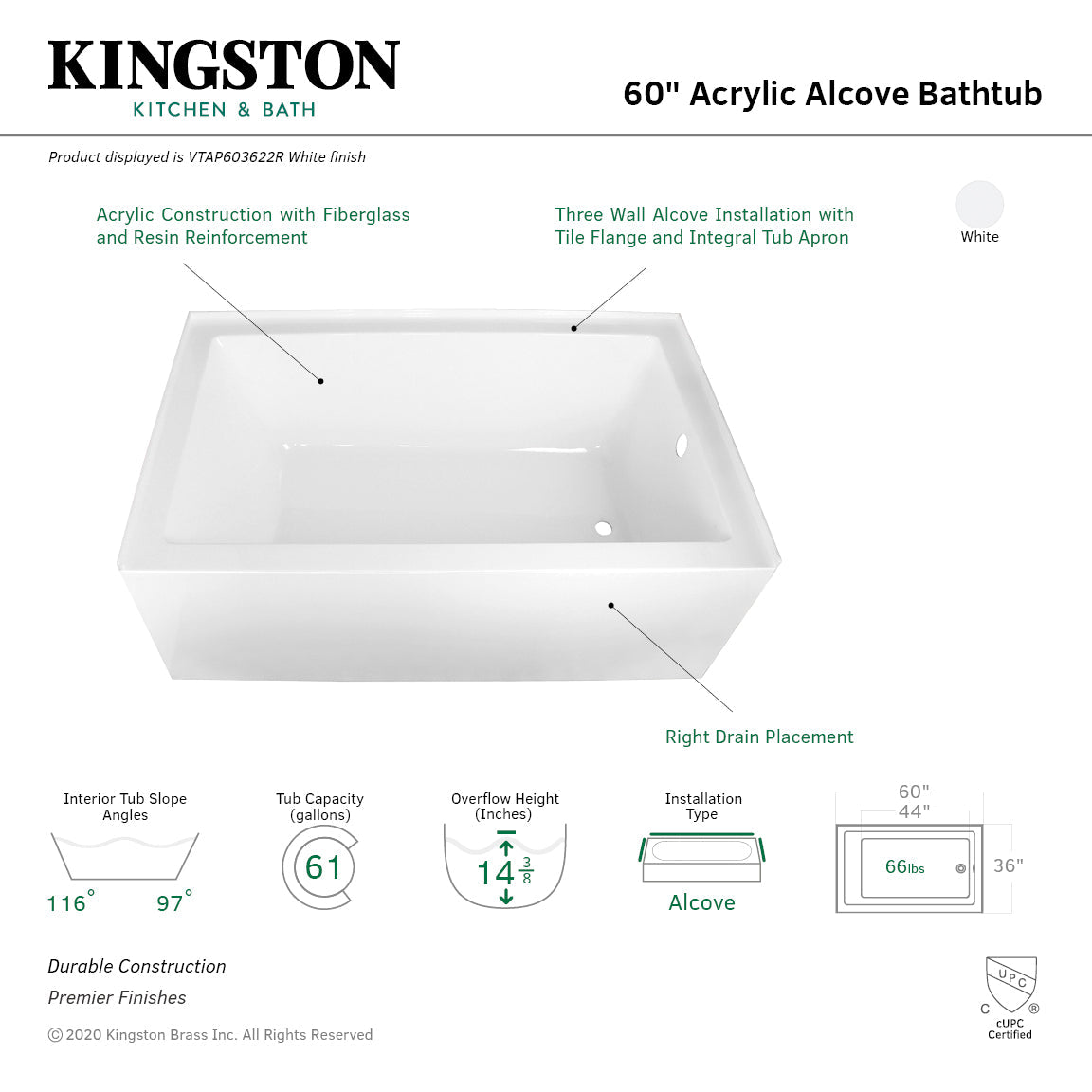 Aqua Eden VTAP603622R 60-Inch Acrylic 3-Wall Alcove Tub with Right Hand Drain Hole, White