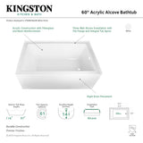 Aqua Eden VTAP603622R 60-Inch Acrylic 3-Wall Alcove Tub with Right Hand Drain Hole, White