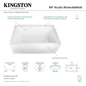 Aqua Eden VTAP603622R 60-Inch Acrylic 3-Wall Alcove Tub with Right Hand Drain Hole, White