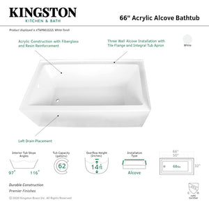 Aqua Eden VTAP663222L 66-Inch Acrylic 3-Wall Alcove Tub with Left Hand Drain Hole, White