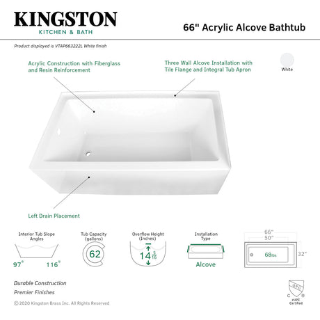 Aqua Eden VTAP663222L 66-Inch Acrylic 3-Wall Alcove Tub with Left Hand Drain Hole, White