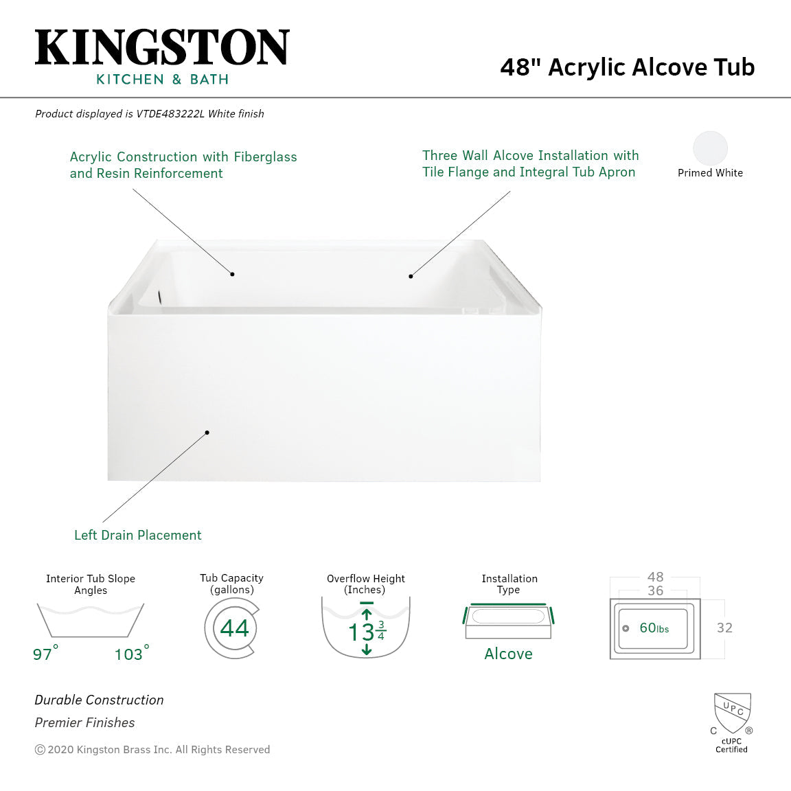 Aqua Eden VTDE483222L 48-Inch 3-Wall Alcove Tub with Left Hand Drain Hole, White