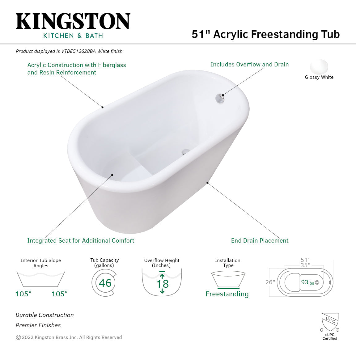 Aqua Eden VTDE512628BA 51-Inch Acrylic Freestanding Tub with Drain and Integrated Seat, Glossy White