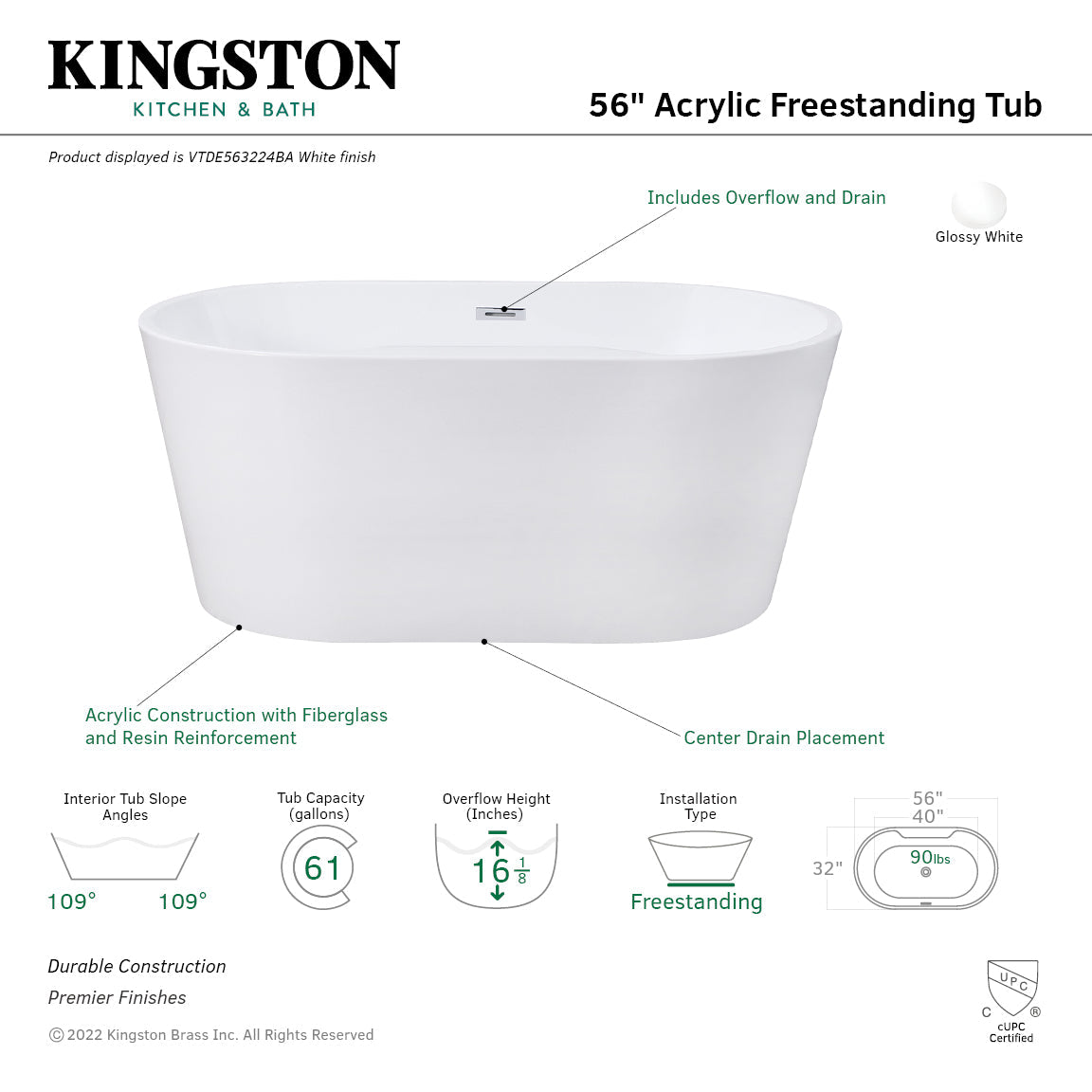 Aqua Eden VTDE563224BA 56-Inch Acrylic Freestanding Tub with Drain, Glossy White