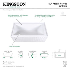 Aqua Eden VTDE603121L 60-Inch Acrylic 3-Wall Alcove Tub with Left Hand Drain Hole, White