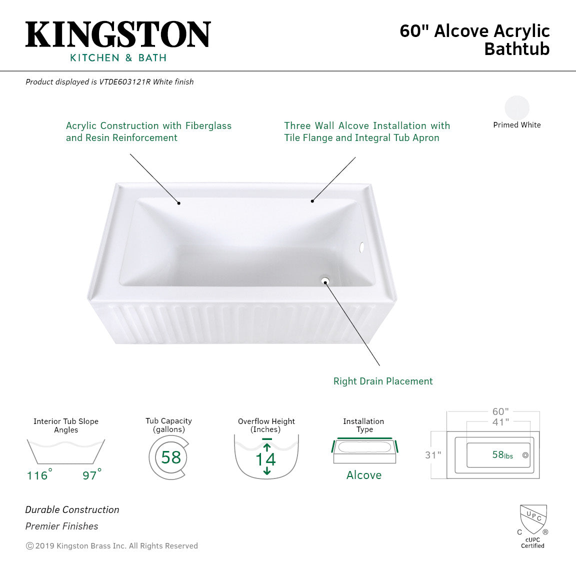Aqua Eden VTDE603121R 60-Inch Acrylic 3-Wall Alcove Tub with Right Hand Drain Hole, White