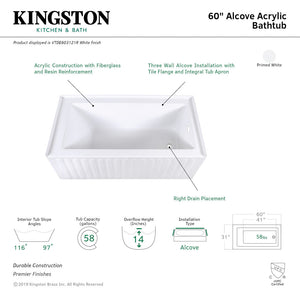 Aqua Eden VTDE603121R 60-Inch Acrylic 3-Wall Alcove Tub with Right Hand Drain Hole, White