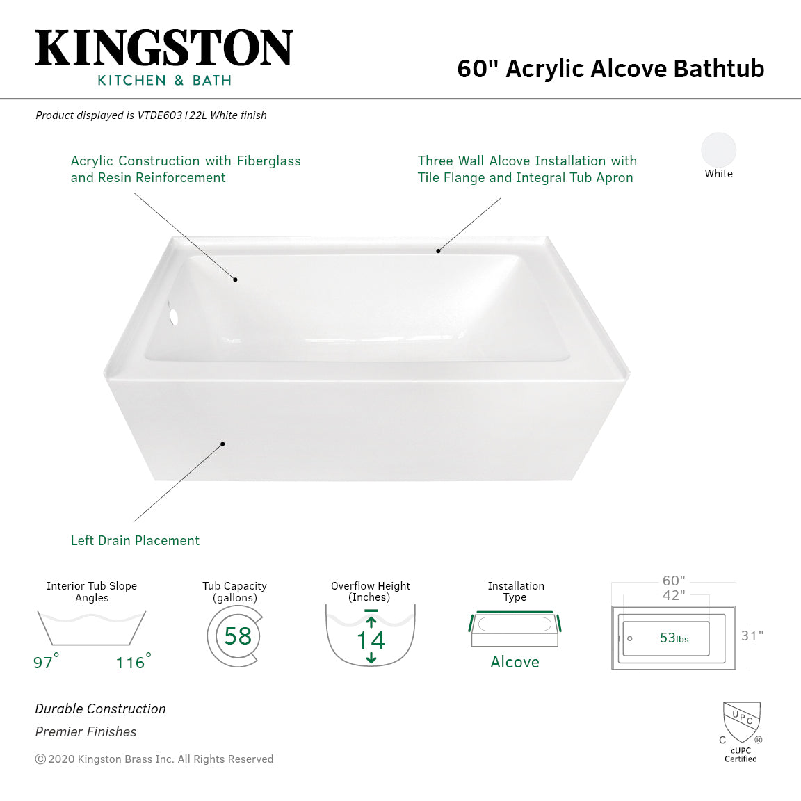 Aqua Eden VTDE603122L 60-Inch Acrylic 3-Wall Alcove Tub with Left Hand Drain Hole, White