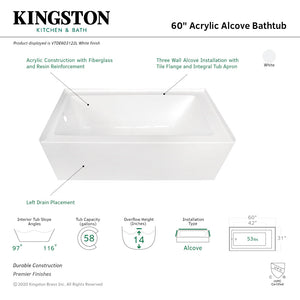 Aqua Eden VTDE603122L 60-Inch Acrylic 3-Wall Alcove Tub with Left Hand Drain Hole, White