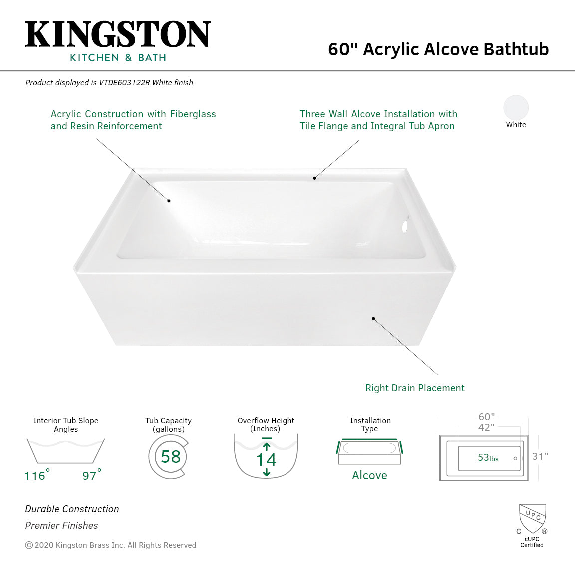 Aqua Eden VTDE603122R 60-Inch Acrylic 3-Wall Alcove Tub with Right Hand Drain Hole, White