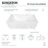 Aqua Eden VTDE603122R 60-Inch Acrylic 3-Wall Alcove Tub with Right Hand Drain Hole, White