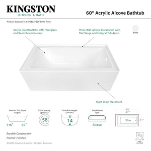 Aqua Eden VTDE603122R 60-Inch Acrylic 3-Wall Alcove Tub with Right Hand Drain Hole, White