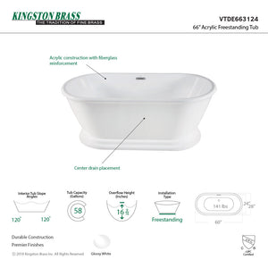 Aqua Eden VTDE663124 66-Inch Acrylic Double Ended Pedestal Tub with Square Overflow and Pop-Up Drain, White