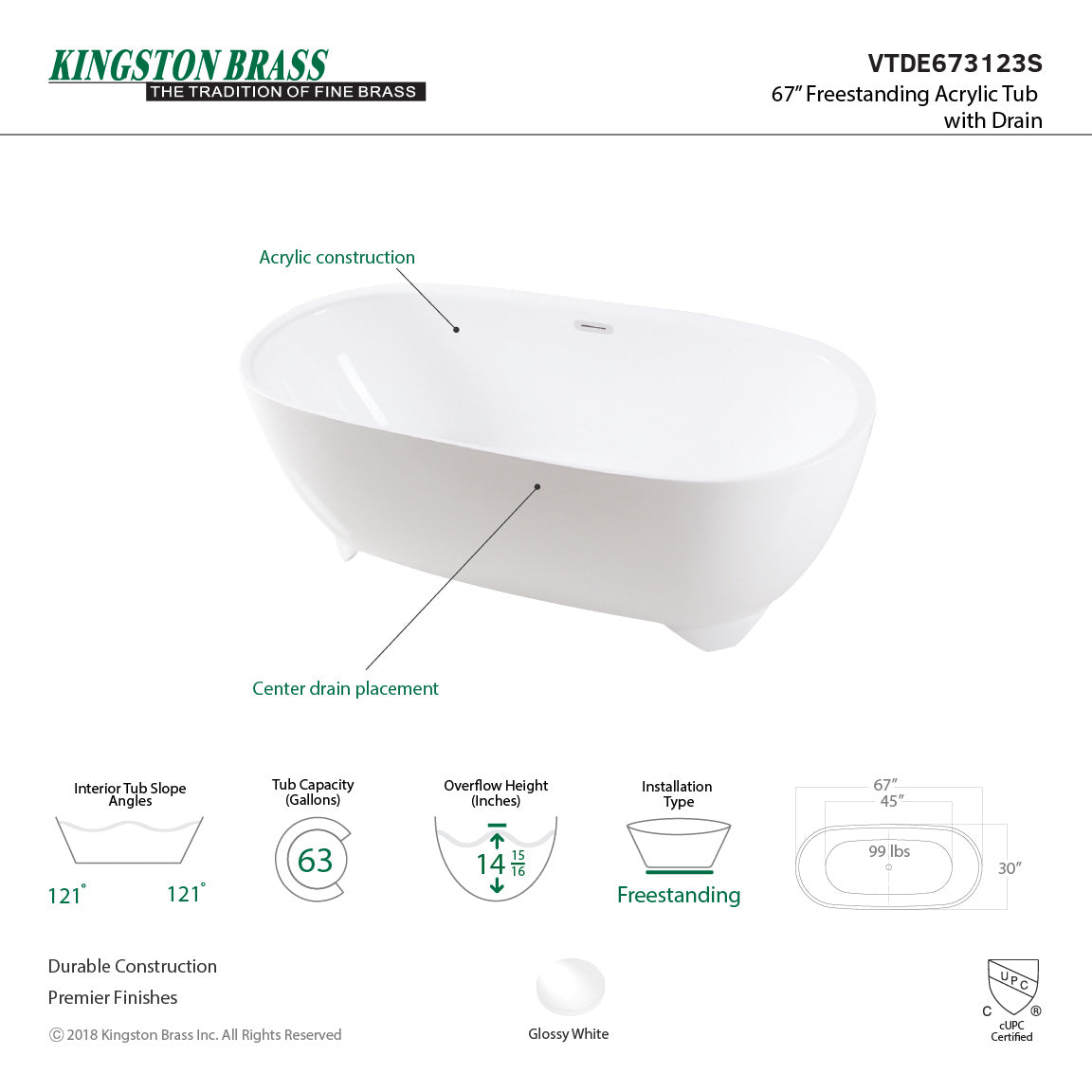 Aqua Eden VTDE673123S 67-Inch Acrylic Double Ended Freestanding Tub with Drain, White