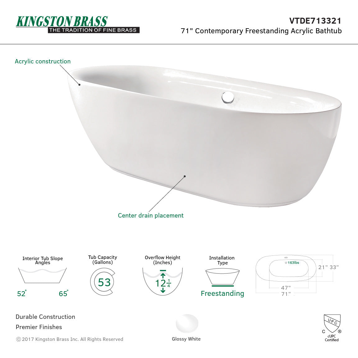 Aqua Eden VTDE713321 71-Inch Acrylic Double Ended Freestanding Tub with Drain, White