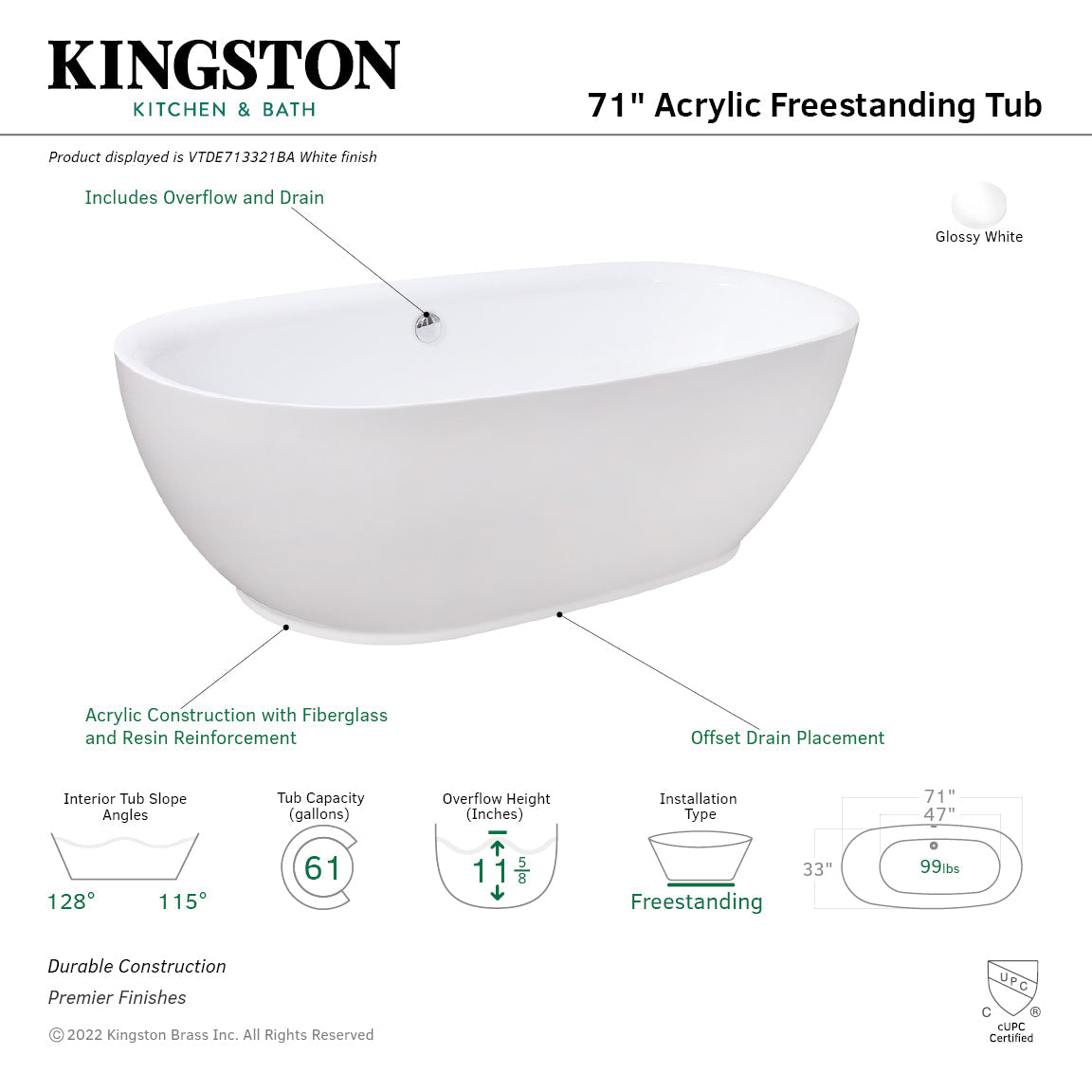 Aqua Eden VTDE713321BA 71-Inch Acrylic Double Ended Freestanding Tub with Drain, Glossy White