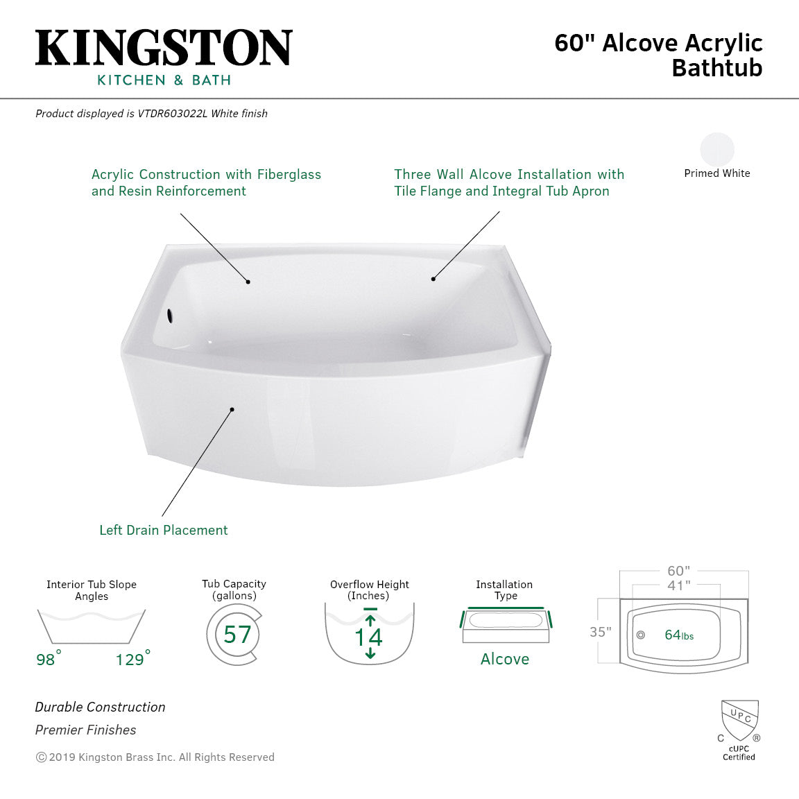 Aqua Eden VTDR603022L 60-Inch Acrylic Curved Apron 3-Wall Alcove Tub with Left Hand Drain Hole, White