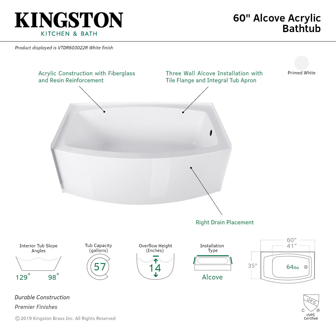 Aqua Eden VTDR603022R 60-Inch Acrylic Curved Apron 3-Wall Alcove Tub with Right Hand Drain Hole, White