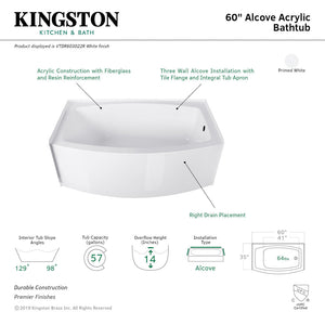 Aqua Eden VTDR603022R 60-Inch Acrylic Curved Apron 3-Wall Alcove Tub with Right Hand Drain Hole, White