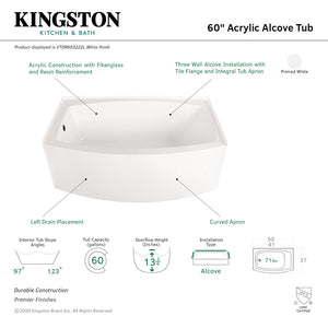 Aqua Eden VTDR603222L 60-Inch Acrylic 3-Wall Alcove Tub with Left Hand Drain Hole, White