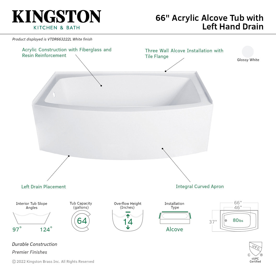 Aqua Eden VTDR663222L 66-Inch Acrylic Curved Apron 3-Wall Alcove Tub with Left Hand Drain, Glossy White