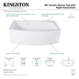 Aqua Eden VTDR663222R 66-Inch Acrylic Curved Apron 3-Wall Alcove Tub with Right Hand Drain, Glossy White