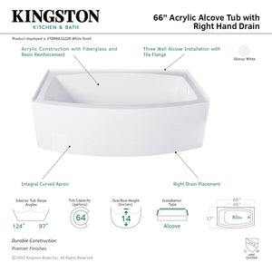 Aqua Eden VTDR663222R 66-Inch Acrylic Curved Apron 3-Wall Alcove Tub with Right Hand Drain, Glossy White