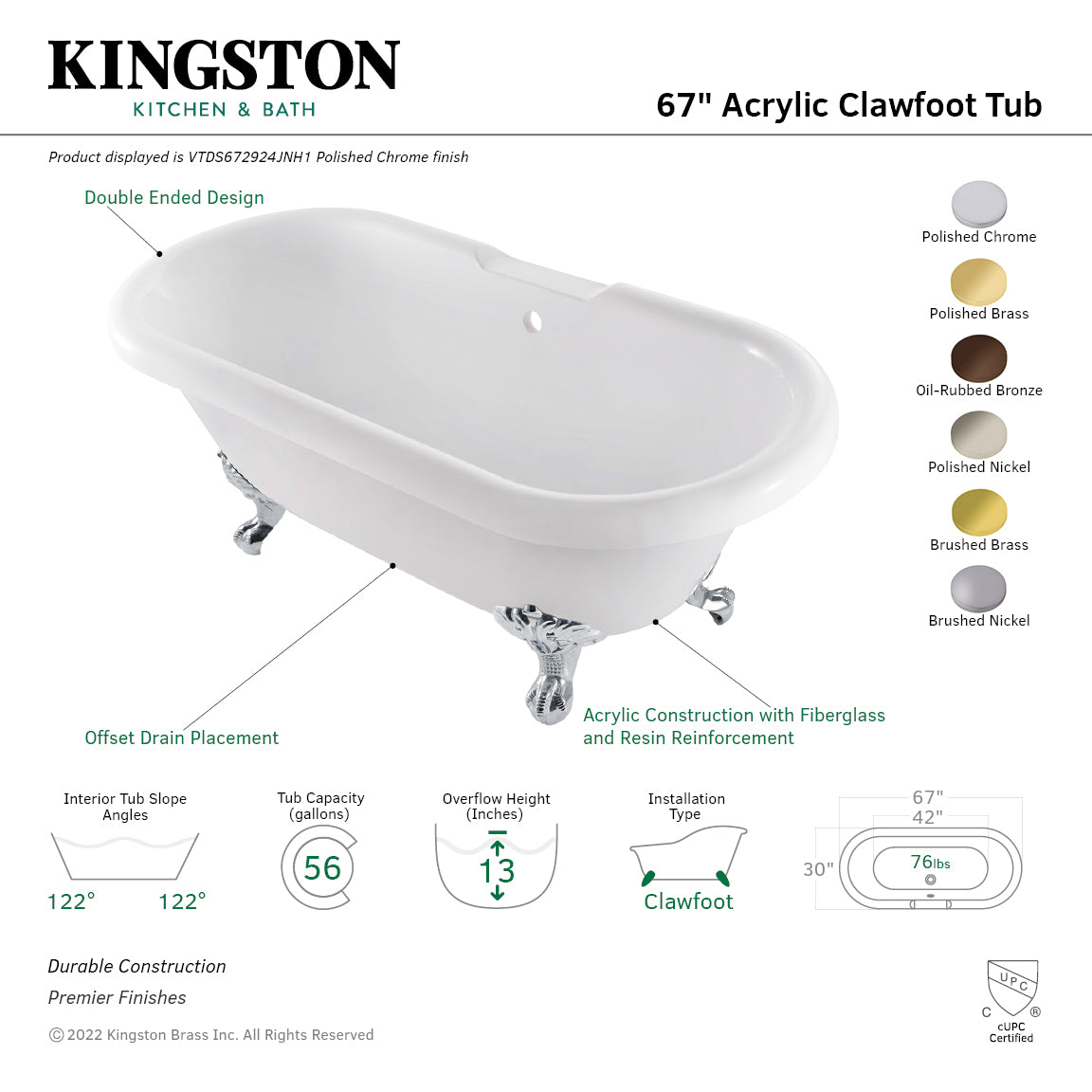 Aqua Eden VTDS672924JNH5 67-Inch Acrylic Double Ended Clawfoot Tub (No Faucet Drillings), White/Oil Rubbed Bronze