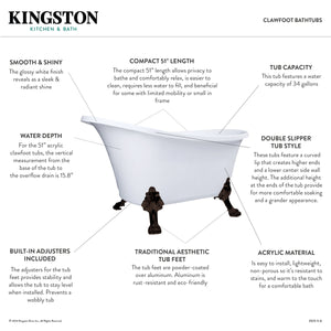 Aqua Eden VTND512824WAC2 51-Inch Acrylic Single Slipper Clawfoot Tub (No Faucet Drillings), White/Polished Brass