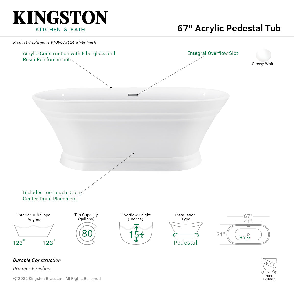 Aqua Eden VTOV673124 67-Inch Acrylic Double Ended Pedestal Tub, Glossy White