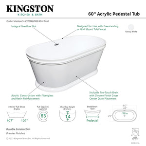 Aqua Eden VTPDE602922 60-Inch Acrylic Double Ended Pedestal Tub with Drain (No Faucet Drillings), Glossy White