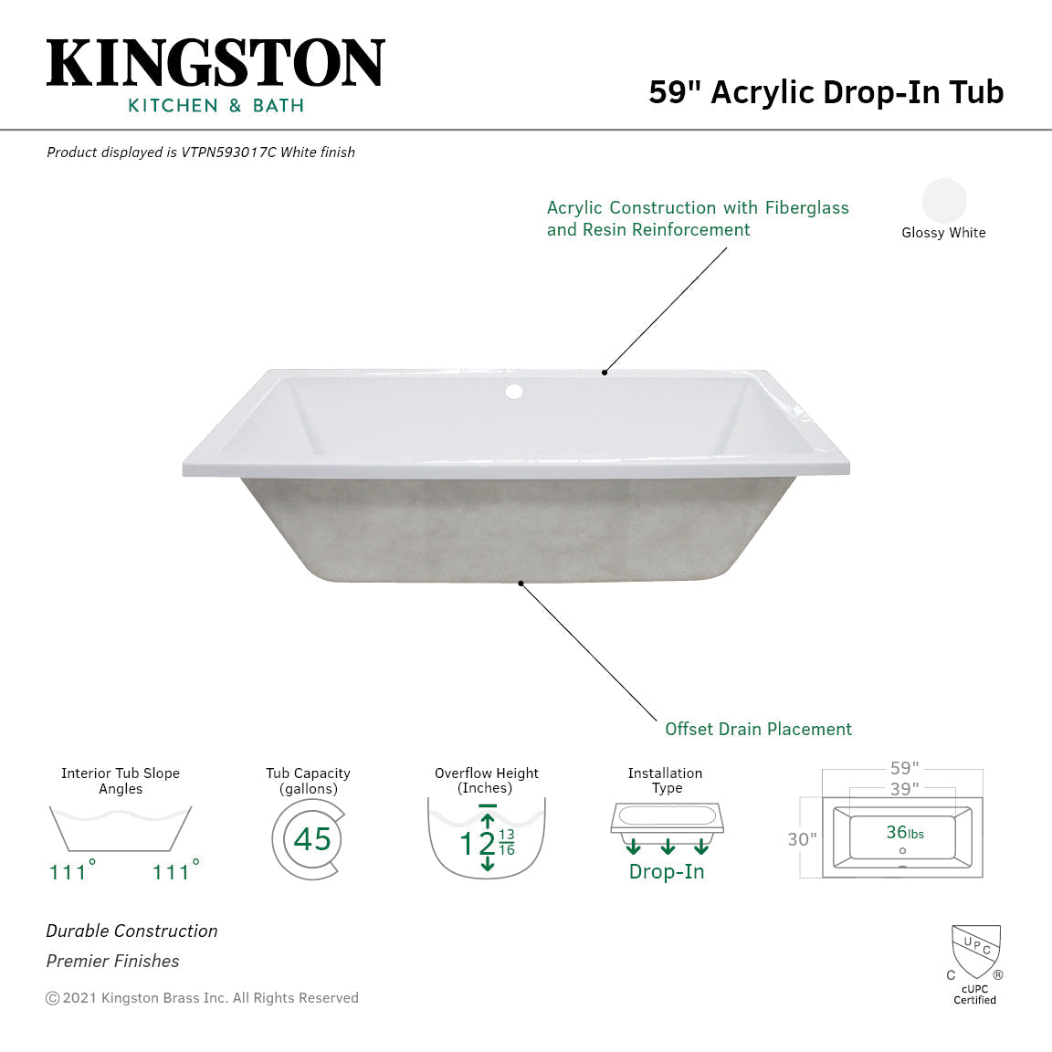 Aqua Eden VTPN593017C 59-Inch Acrylic Rectangular Drop-In Tub with Center Drain Hole, White